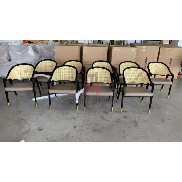 Black Ash Wood Frame Rattan Dining Chairs Leather Cushion Armrest Dining Chair