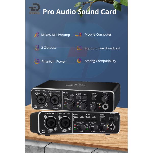UMC202HD Professional Live Streaming High End USB Cartão de Som Externo Computação Gravação de Guitarra