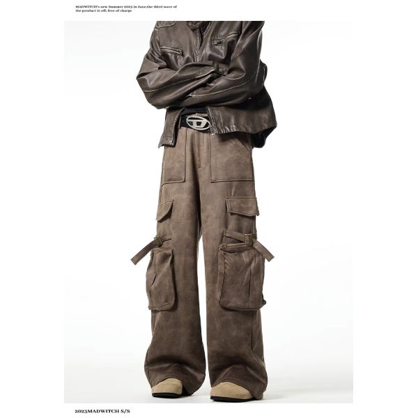 Loose Straight Leg Casual Trousers for Men Vintage Multi-Pocket Deerskin Overalls