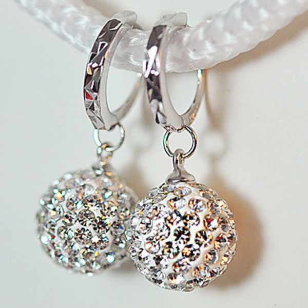 925 Silver Plated with Rhinestone Cubic Zircon Ball Beads Dangle Earrings (EEBALL03)