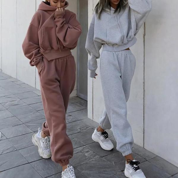                  Autumn Winter Jogger Jumper Gym Workout Women Fall 2 Piece Set Crop Top Oversize Hoodie Tracksuits             