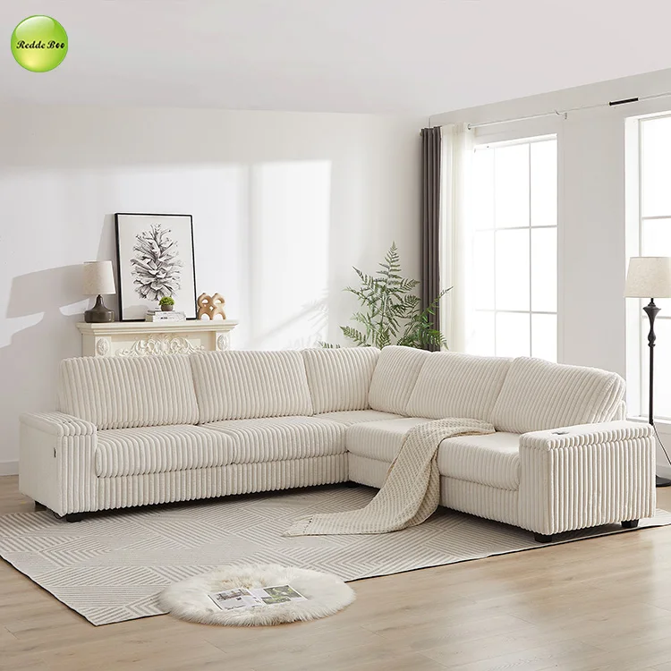 Corduroy L - Shaped Sofa with USB Ports: Plush, Practical for Comfort & Device Charging