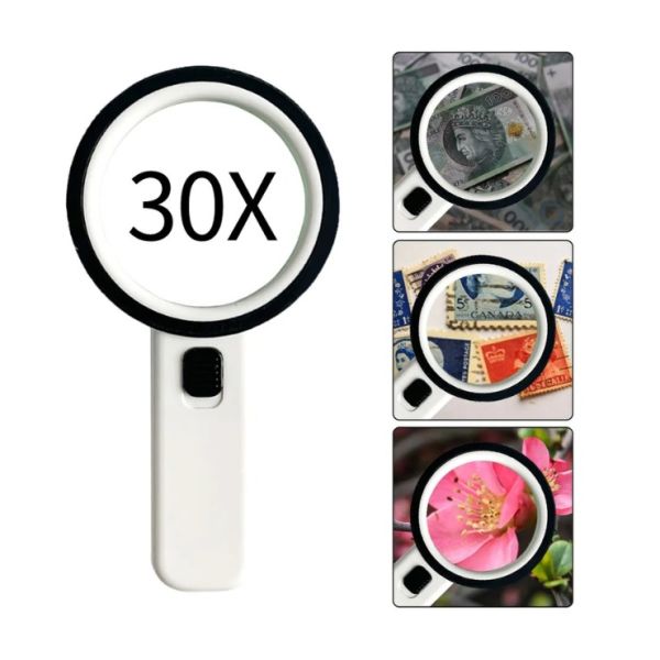 Portable Simple12 LED Light Lamp 30X Handheld Large Brass Magnifier Lens Magnifying Glass with Stand for Inspection