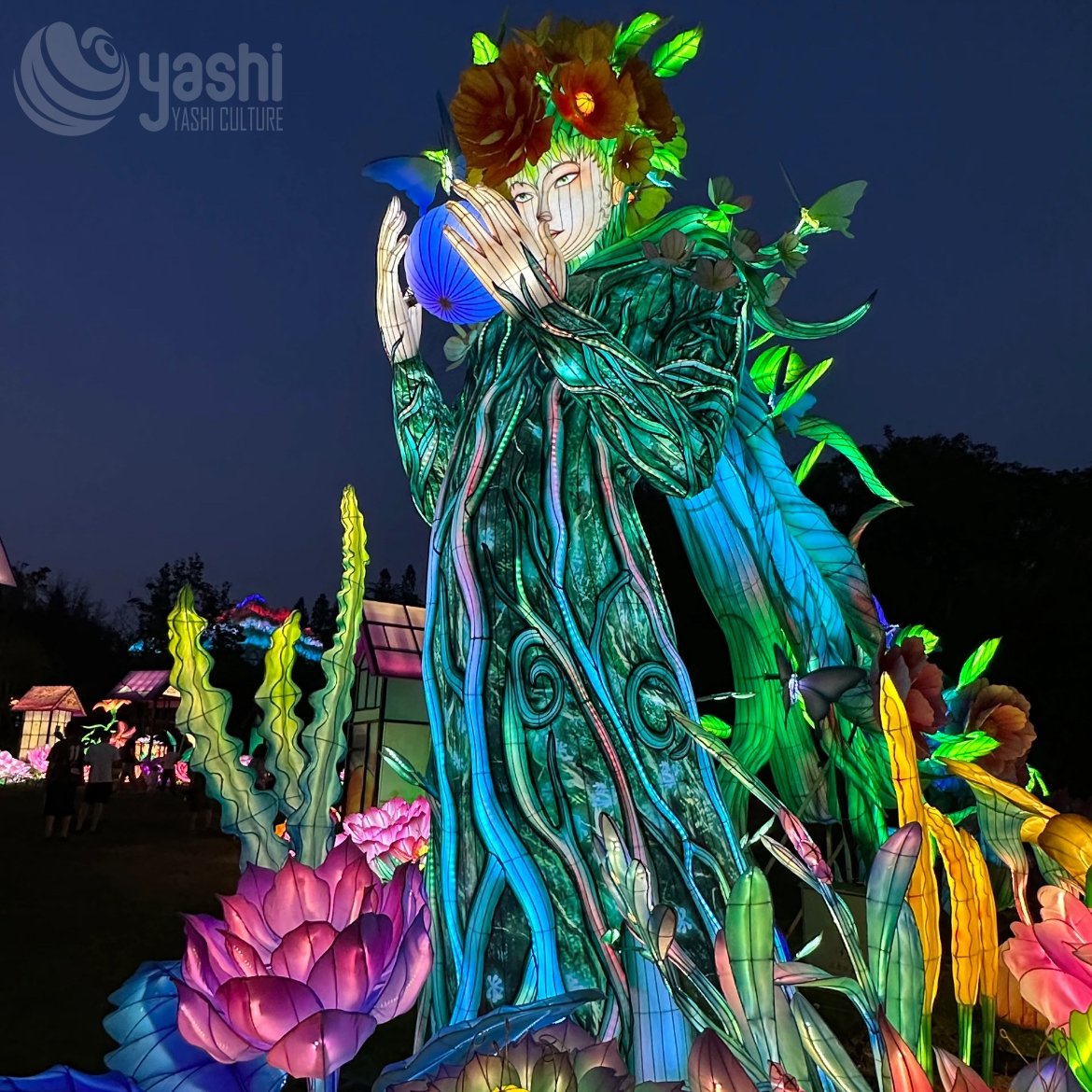 Custom Mother Nature Goddess Flower Zigong Lantern, Forest Dryad Floral LED Light Sculpture, Waterproof Outdoor Light Festival Decoration