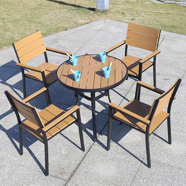 Outdoor Yard Wood Furniture in Black Aluminum Frame with Yellow Plastic Wood Table Set
