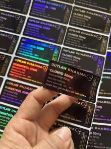 クロミッド50mg カスタマイズされたプラスチックボトルラベル、黒背景レーザーワード印刷のバイアルラベル