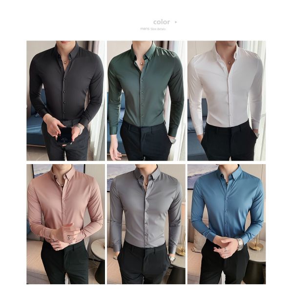Men's Fashionable Business Casual Shirt Plain Solid Long Sleeve Slim Fit Office Shirts