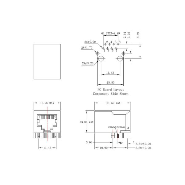 ARJ11B-MDSAO-LU2 Shielded 10/100 Base-T Single Port RJ45 Female Connector