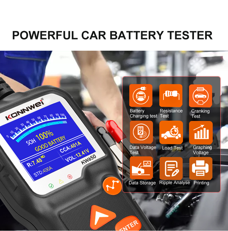 Тестер напряжения тока свинцовокислотной батареи Мульти-языка KW650 6V 12V для автомобилей едет на автомобиле
