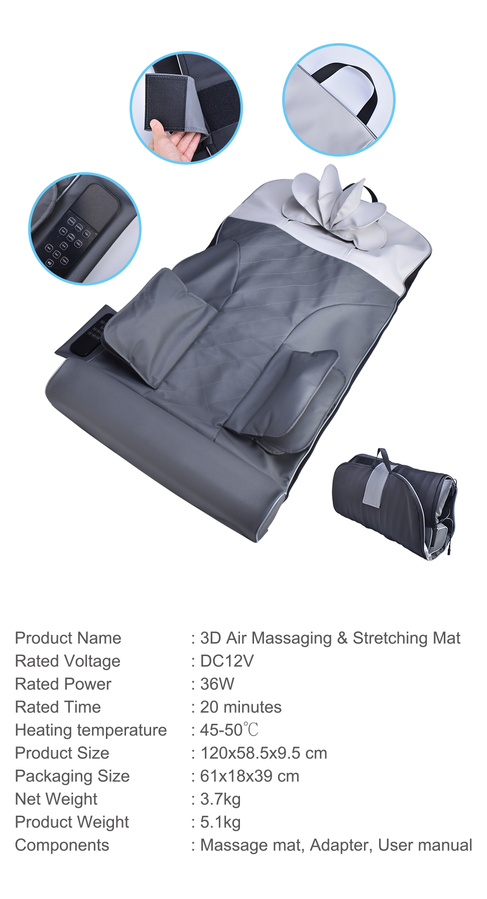 Electric Mat with Foot Massager Home Office Heating Vibration Adjustable Shiatsu Full Body Massage Bed Mat