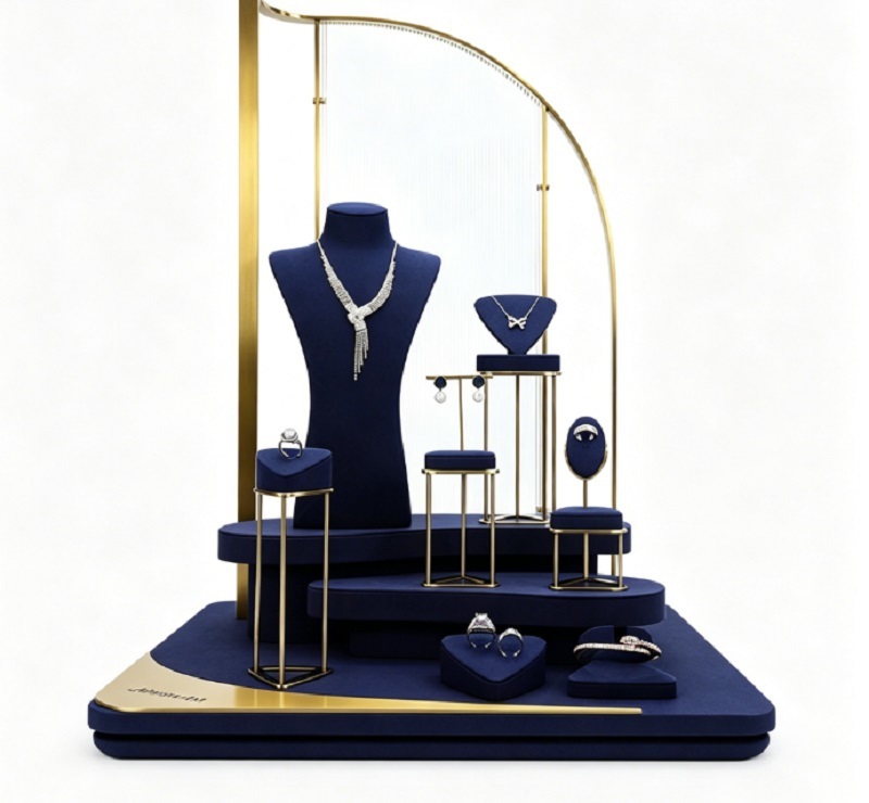Luxury Navy Blue Velvet Jewelry Display Set with Brushed Gold Curved Metal Frame and Ergonomic Stand Design