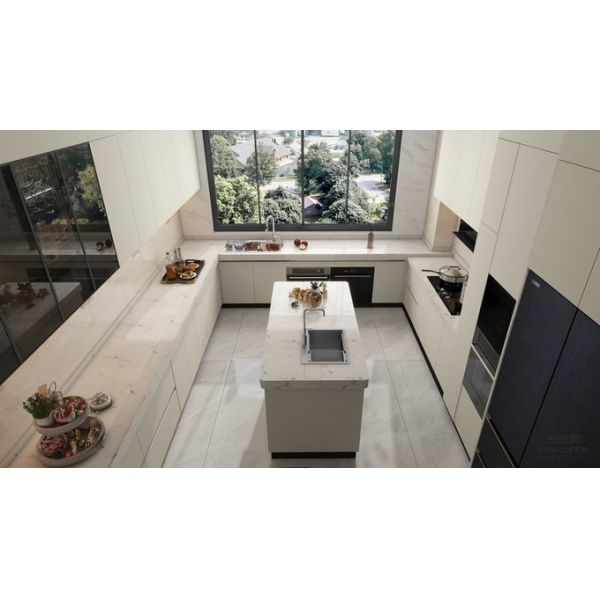 Off-White U-Shaped Stainless Steel Kitchen Cabinet with Island