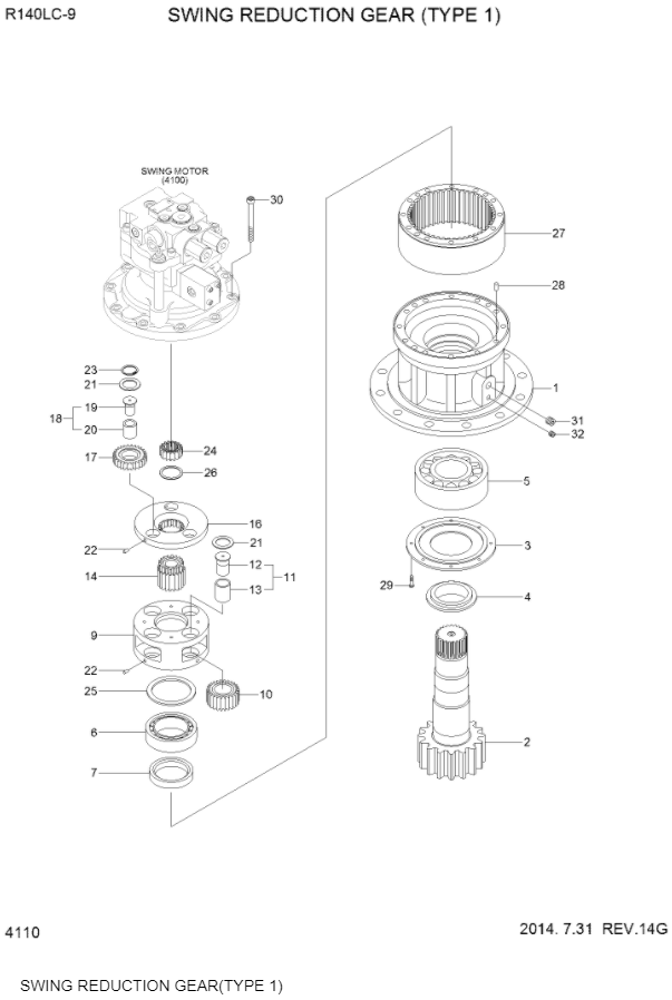 Запчасти экскаватора 31Q4-11141 R140LC-9 Swing Gearbox поворотная передача для Hyundai