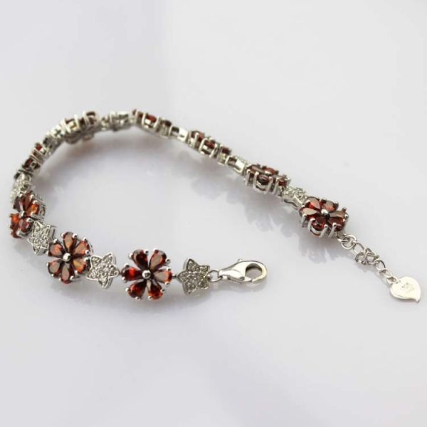 Sterling Silver Link Flower Garnet Cubic Zircon Tennis Bracelet(B01RED)