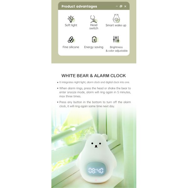 Luz e som de noite LED máquina Urso bonito relógio de treinamento de sono para quartos de crianças