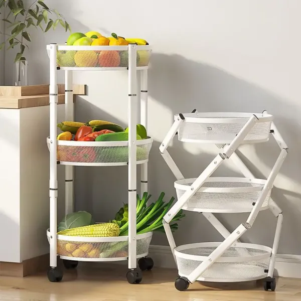 Black and White Floor-standing Round Storage Rack 3-layer Fruit Vegetable Basket Snack with No Installation Required