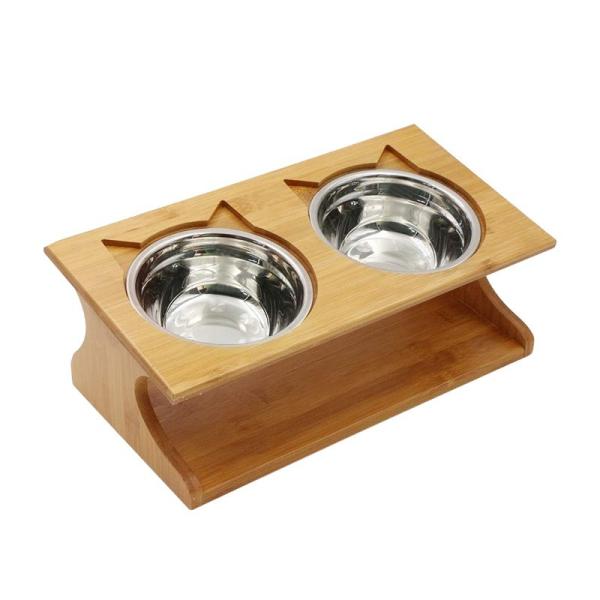 35x17.5x13cm Bambú elevado Cão gato Food Stand Feeder com 2 aço inoxidável Taças elevadas Logotipo do cliente