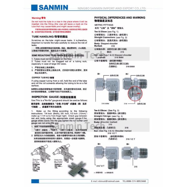 Трубопровод приспосабливая высококачественное Саньмин штуцера трубки нержавеющей стали 316Л гайки н