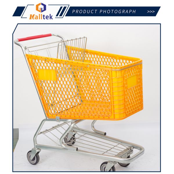 Trolley de plástico de supermercado desplegable con 4 ruedas PU