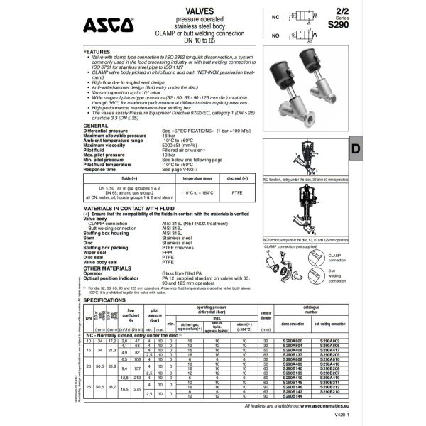 ASCO S290 8290 Válvula de asiento de ángulo Válvula de control de aire Presión de acero inoxidable operado
