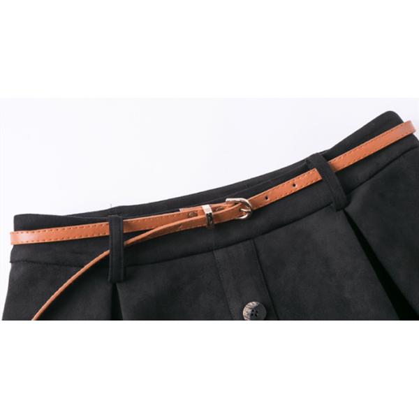 Black Wide Hem Ladies Dress Skirt Suede Skirt Calf Length With Belt