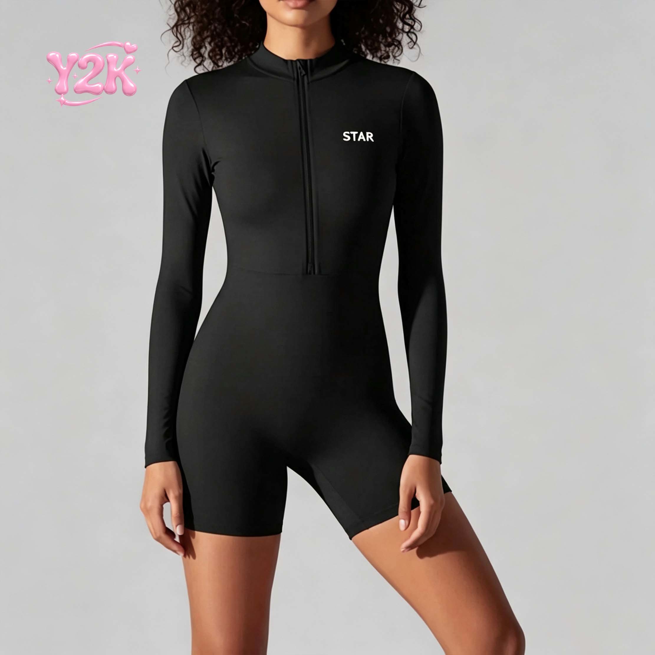 Custom Women's Half Zip Long Sleeve Short Yoga Jumpsuit