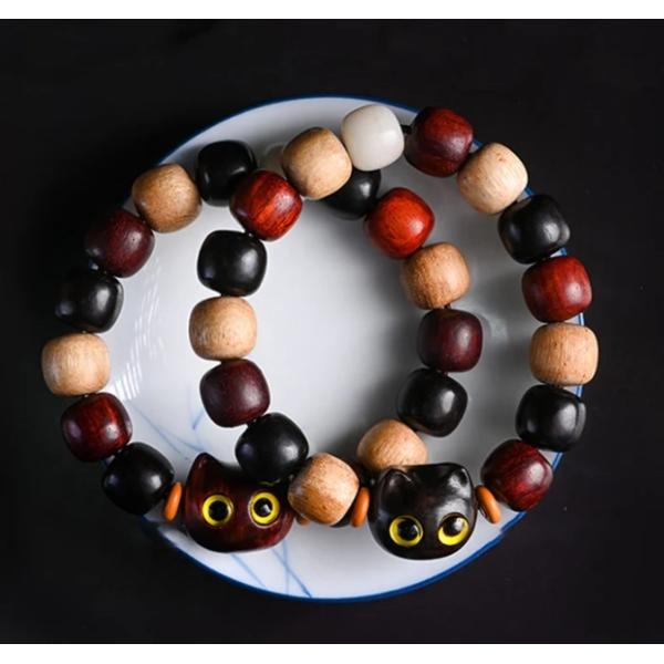 Small Leaf Red Sandalwood Bracelet Cute Cat Engraved Ebony Wood Protection Bracelet