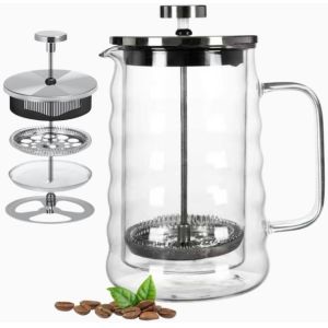 Double Wall Borosilicate Glass French Press Wavy Design Coffee Maker Modern Style