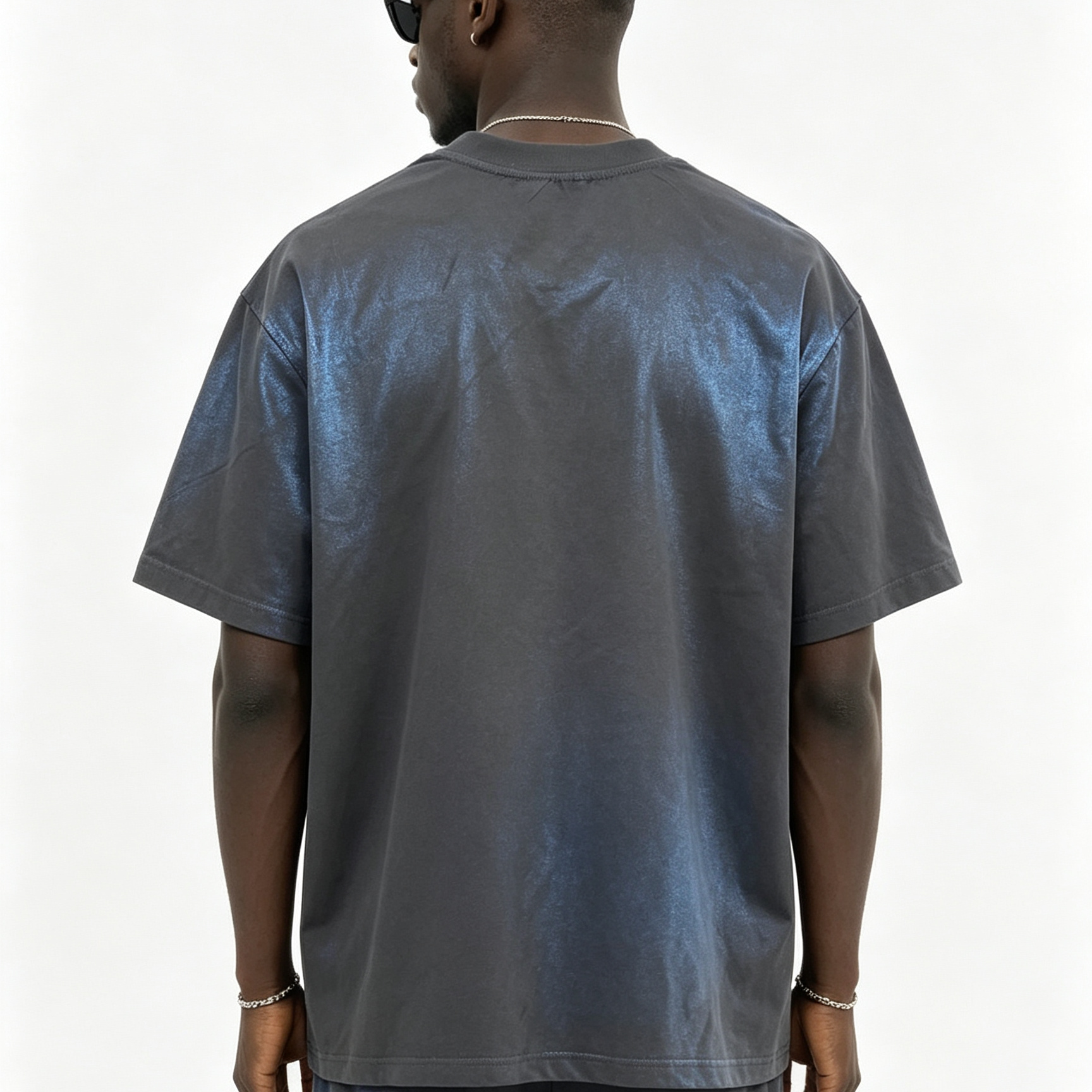 180-250G Slub Cotton Washed Gray T-Shirt, Iridescent Rainbow Foil Print Loose Crew Neck Letter Logo Tee Cross-Border Wholesale