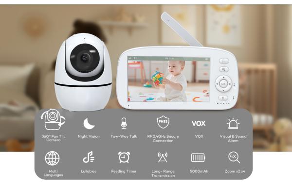 Moniteur pour bébé HD avec caméra 360° écran 5 pouces portée 300 mètres