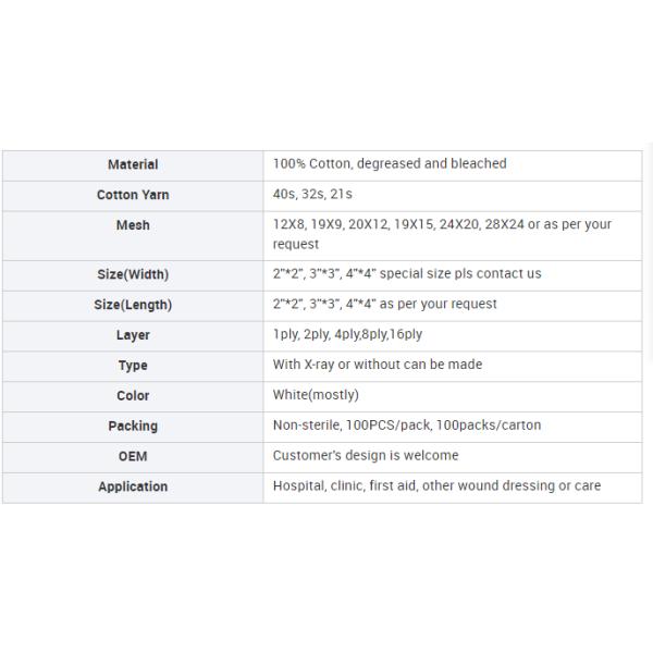 100% Cotton Surgical Medical Gauze Swabs 40s 32s 21s