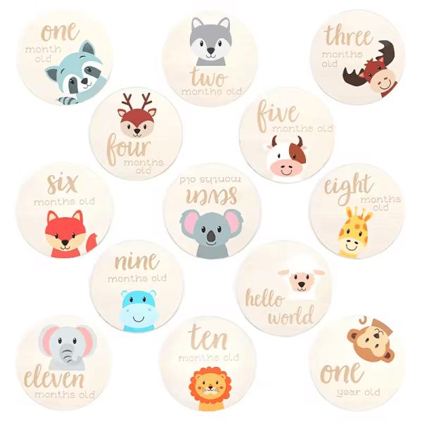 Set de tarjetas de Milestone mensual 100mm Discos de madera para animales adorables Tarjetas de Milestone de su niño recién nacido / niña