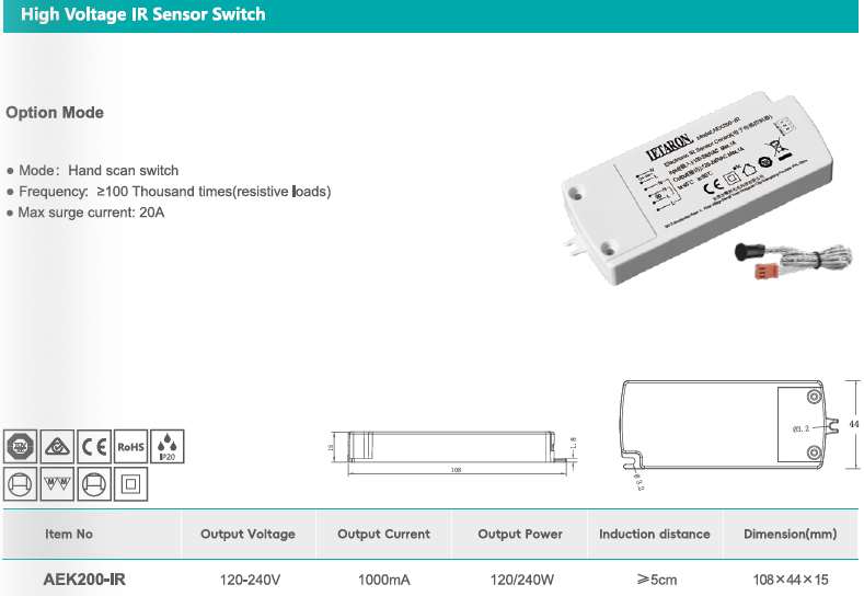 High Voltage 120-240V IR Sensor Light Switch CE Certified Motion Sensor Switch