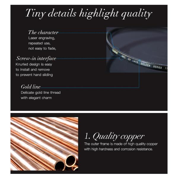 Camera Lens UV Filter 77mm 67mm 82mm Bebronze Ring with Optical Glass in Gold Line