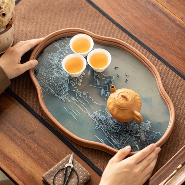 New Chinese Landscape Bamboo Glass Home Tea Tray
