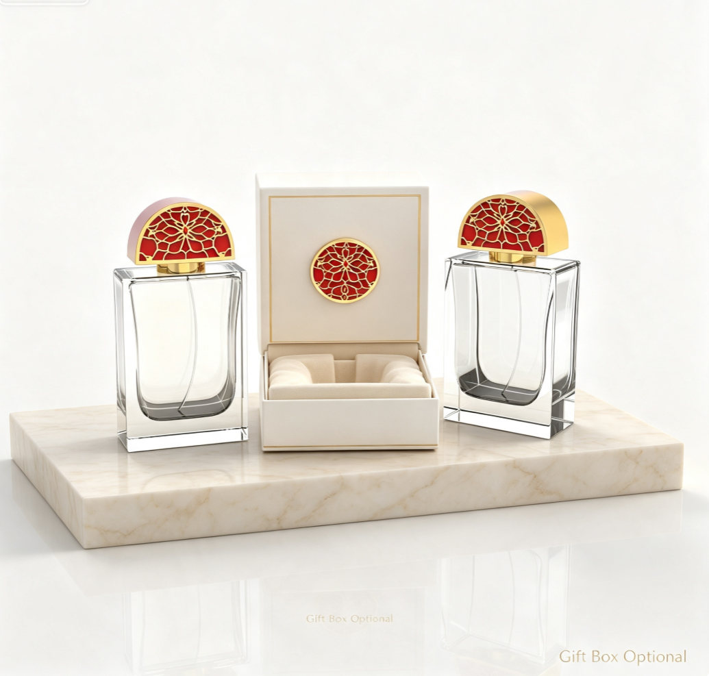 Semicircle Hollow Floral Zamac Perfume Cap with Red Enamel Gold Plated Finish and Custom Logo Engraving