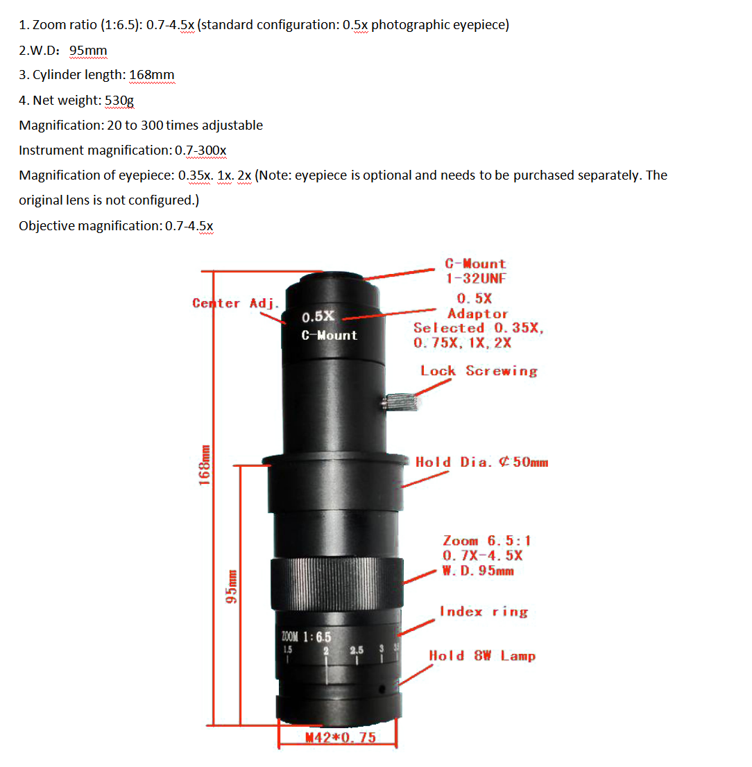 Supplier Monocular Zoom Lens for Video Microscope HD CCD Long WD Wide FOV Multi Objective Adapter MSS-L-001