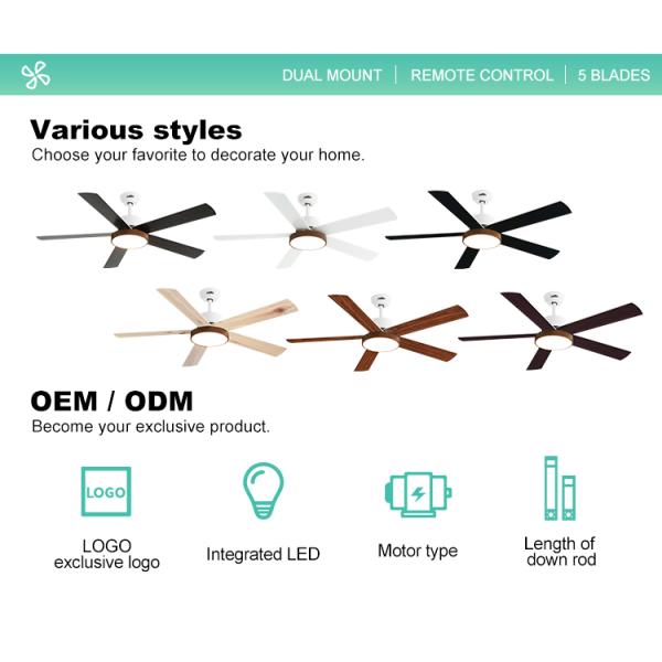 Ventilador de teto LED de controle inteligente com lâmina de MDF de 52 polegadas e potência de motor de 35/60W