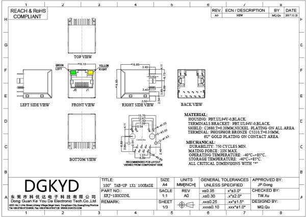 KRJ-180CGYNL Vertical entry 100 BASE RJ45 Shielded Ethernet Connector with LEDS