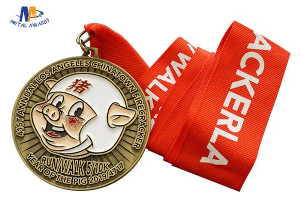 5K Running Race Medal With Pig Relief Antique Gold Plating Both Side Design