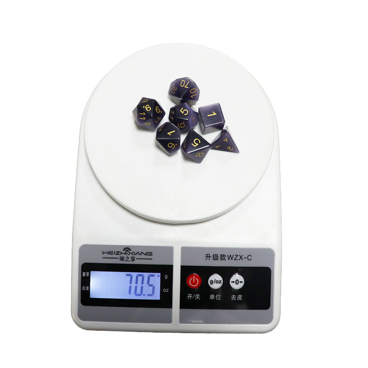 Natural Purple Cat's Eye Stone Polyhedral Dice Set - Hand Carved DND Dice with Golden Paint Engraved Numbers