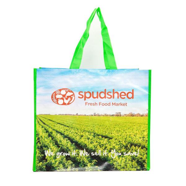 Full Printing Cross Stitched PP Woven Shopping Bag with Mesh Pocket