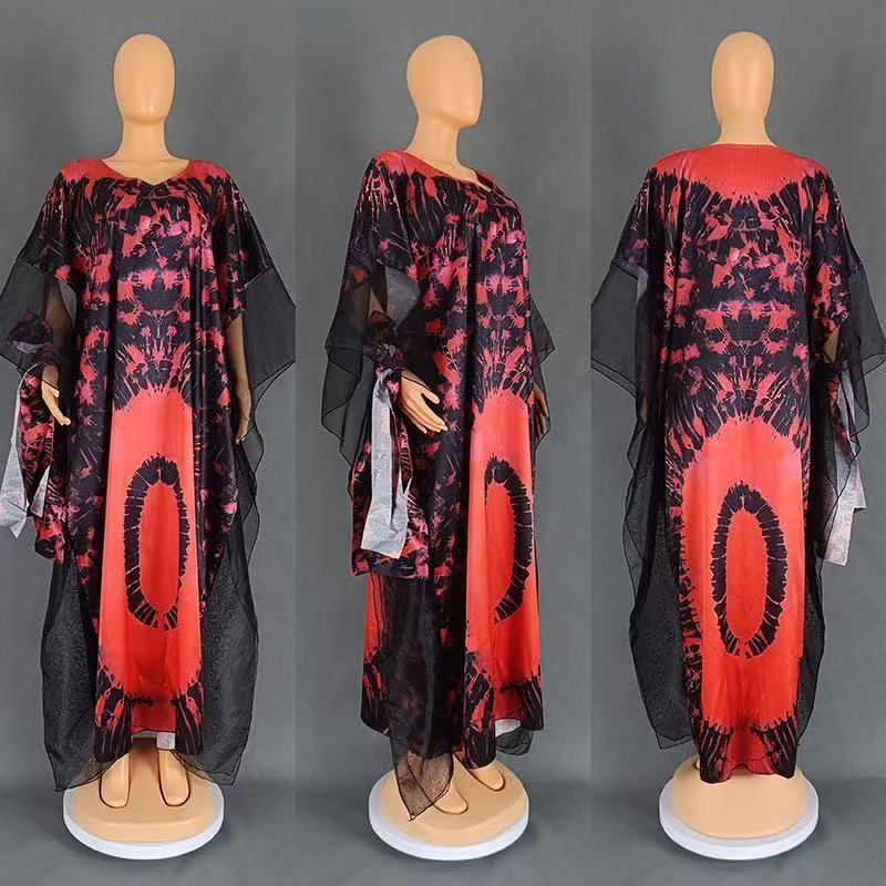 Women’s African Print Chiffon Kaftan Dress with High-Waist Design for Elegant Casual Wear