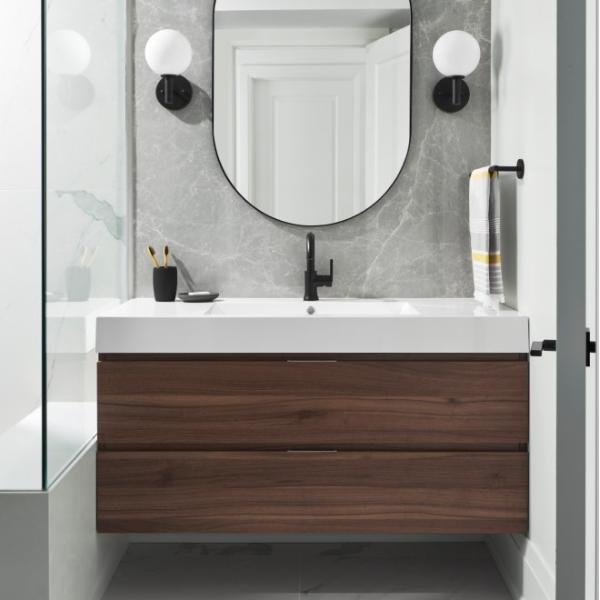 Wall Mounted Melamine Bathroom Vanity Cabinet Handless Modern Waterproof Dark Wooden