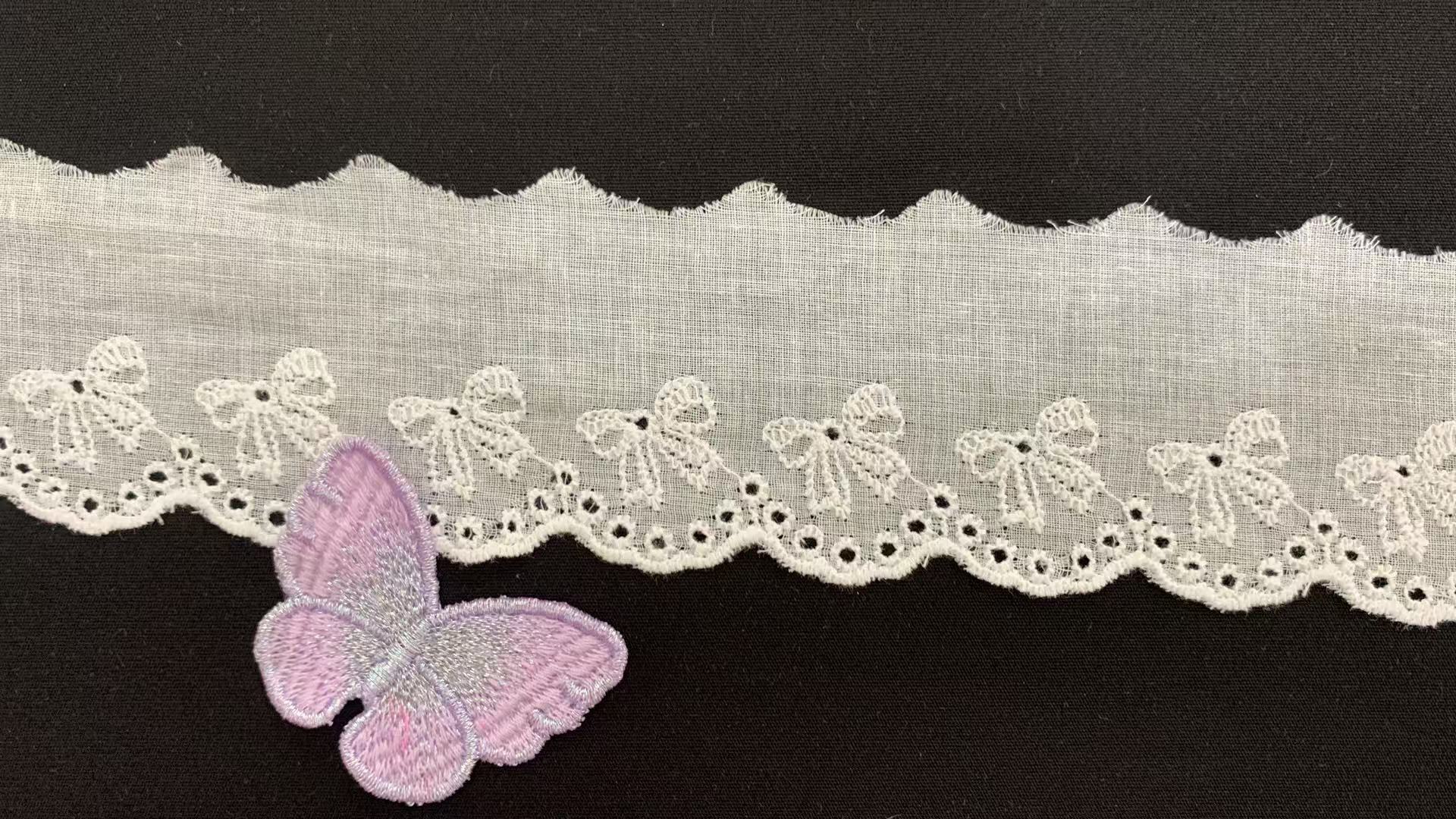 Cotton Eyelet Lace Trim with Bow Embroidery Scalloped Edge for Garment Decoration E2662409