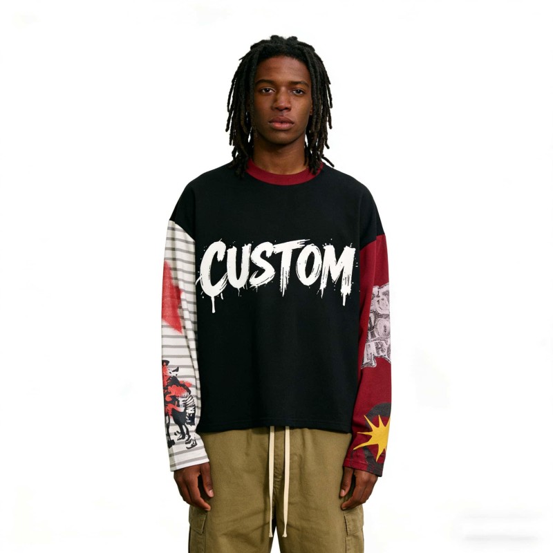 Custom Oversized Cut and Sew Screen Print Long Sleeve T Shirt
