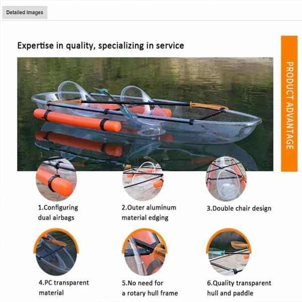 2 Seats Plastic Transparent Paddle Fishing Rowing Boats 338*93*35cm