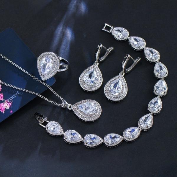 Water Drop Rhinestone Long Pendant Full Crystal Silver Plated Necklace & Earrings Elegant Bridal Wedding Jewelry Set