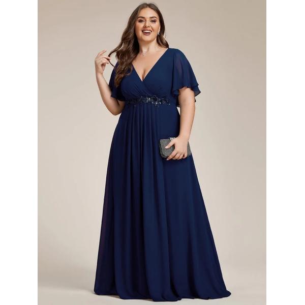 Empire Plus Size Applique Short Sleeve A-line V-neck Flutter Sleeves Invisible Zipper Navy Blue Chiffon Evening Dress