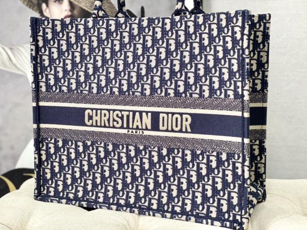 Dior Oblique Embroidery Canvas Navy Blue Branded Shoulder Bag Christian Book Large